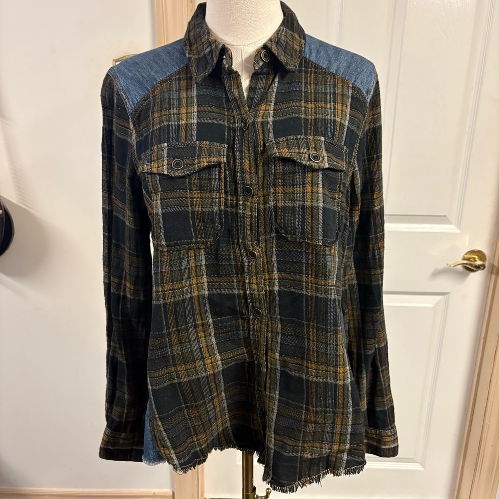 Free People 100% Cotton Plaid Button-Up Shirt with Denim Accents
